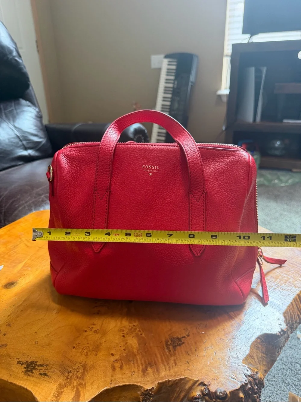 Fossil Sydney Satchel Bag in Claret Red Pebbled Cowhide Leather, Medium Size